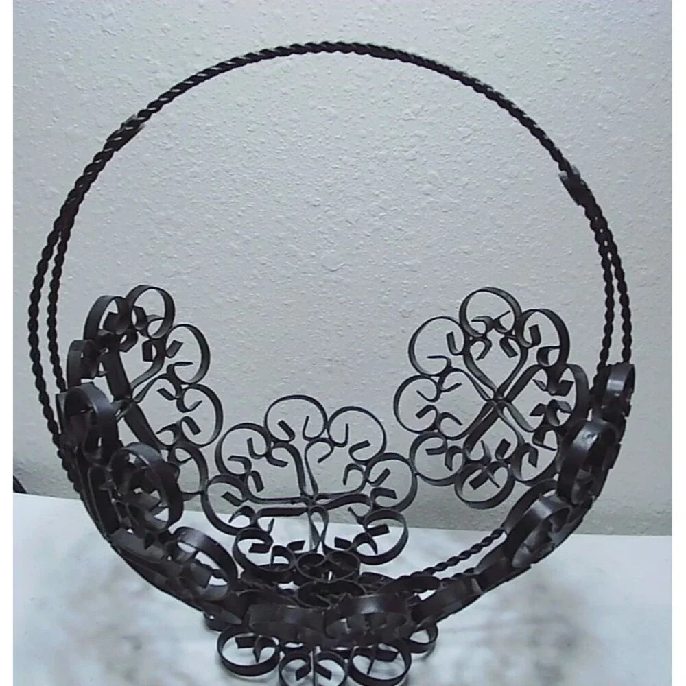 Vintage Spanish Revival Wrought Iron Basket Black Metal Scroll Art Footed
